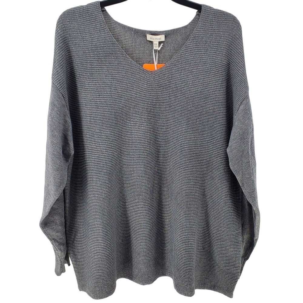 Ella Moss Kaylan V Neck Ribbed Sweater XXL Charcoal Gray Heather Drop Shoulder